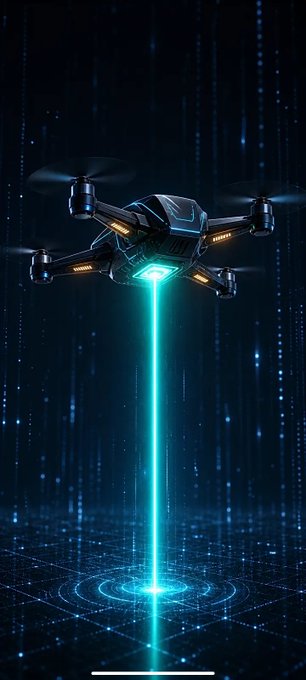 A futuristic quadcopter drone hovers in a dark digital environment, projecting a bright cyan laser beam onto a glowing circular target on the floor.
