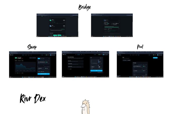 A handwritten-style diagram labeled 'River Dex' showing screenshots of a cryptocurrency interface organized into 'Bridge', 'Swap', and 'Pool' categories.