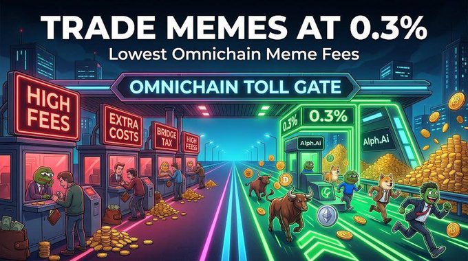 The image is a vibrant promotional graphic for Alph.Ai, headlined "TRADE MEMES AT 0.3% — Lowest Omnichain Meme Fees," depicting a futuristic "Omnichain Toll Gate" where traders in suits avoid booths labeled "HIGH FEES," "EXTRA COSTS," "BRIDGE TAX," and "HIGH FEES" on the left, and instead rush toward glowing green "Alph.Ai" lanes on the right marked "0.3%," surrounded by meme coins, a bull, and Pepe-style frog characters. It visually reinforces the post's message that Alph.Ai offers the cheapest omnichain meme trading fees at just 0.3%, sparing traders from the costly tolls of competing platforms.