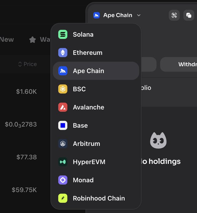 A dropdown menu on what appears to be a trading terminal interface displays a list of supported blockchain networks, including Solana, Ethereum, Ape Chain (currently selected), BSC, Avalanche, Base, Arbitrum, HyperEVM, Monad, and Robinhood Chain. The inclusion of "Robinhood Chain" in the network selector supports the post's claim that this is the first terminal to feature Robinhood Chain mainnet integration.
