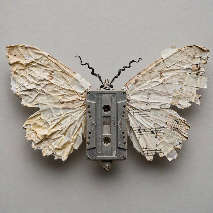 A sculpture of a butterfly with wings crafted from crumpled sheet music and a vintage cassette tape as its body, embodying the "I Have Wings" theme through the fusion of music and flight.