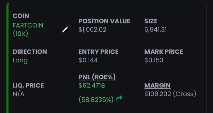 A cryptocurrency trading position showing FARTCOIN (10X) as a Long position with an entry price of $0.144, mark price of $0.153, position value of $1,062.02, and a PNL of $62.47 (58.82%).