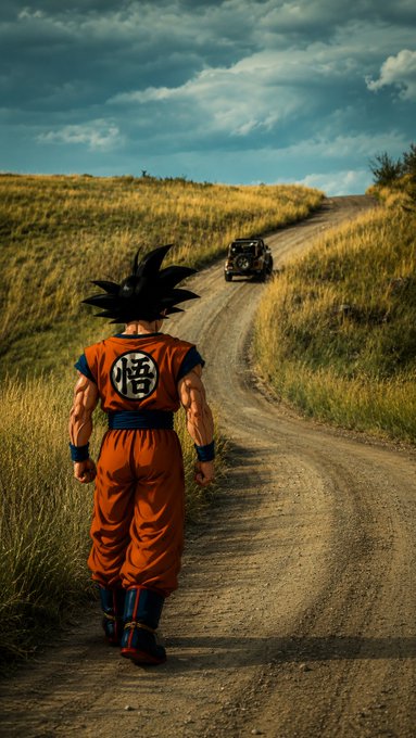 Goku from Dragon Ball, wearing his signature orange gi with the "悟" kanji, walks down a dirt road in a grassy landscape toward a parked jeep.
