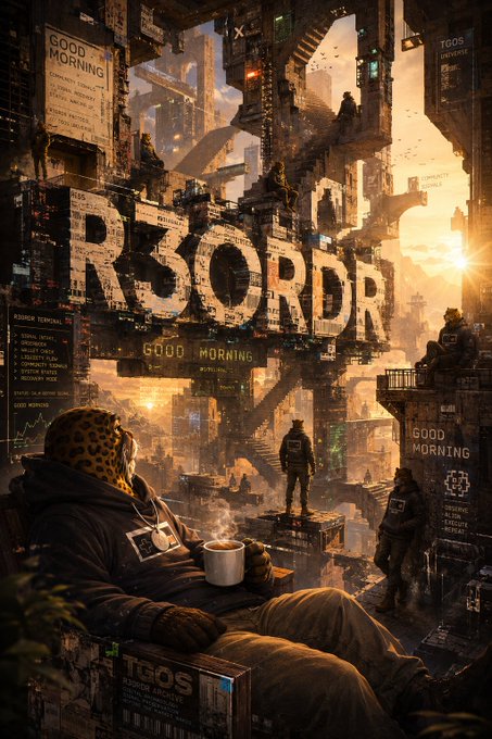 The image features a poster for "R3ORDR" with a man sitting down holding a cup of coffee while surrounded by buildings that look like they are made out of neon lights or skyscrapers, giving them an urban feel. The poster also includes text about a "Good Morning" and "Good Mornin'".