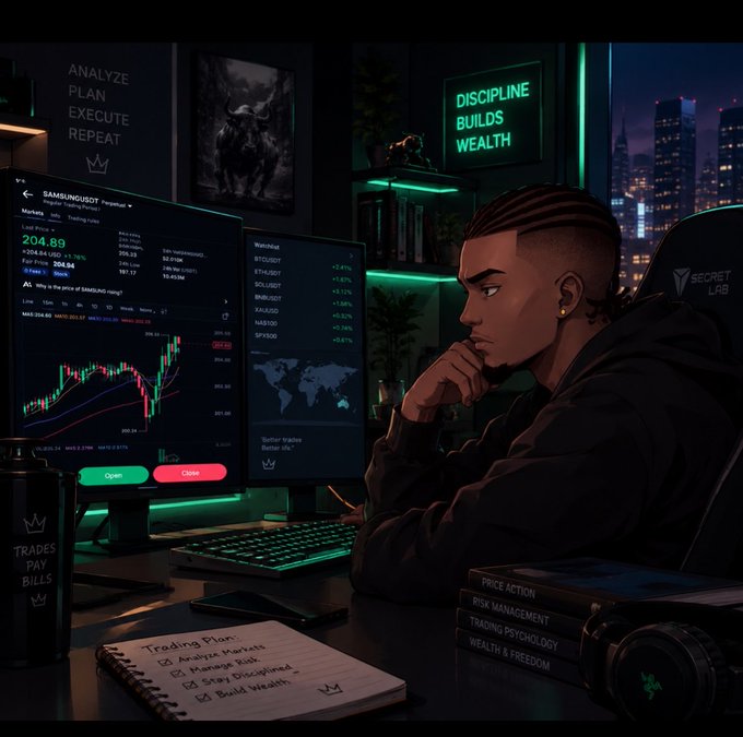 An illustrated scene of a man at a trading desk with multiple monitors showing stock charts and crypto tickers like BTCUSDT and ETHUSDT, surrounded by motivational text including 'ANALYZE PLAN EXECUTE REPEAT', 'DISCIPLINE BUILDS WEALTH', and a trading plan checklist.