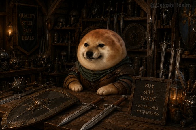 An AI-generated illustration features a Shiba Inu dog dressed as a medieval merchant in a weapon shop, with signs reading 'QUALITY STEEL FAIR DEALS' and 'BUY SELL TRADE - NO REFUNDS NO QUESTIONS', credited to @SatoshiRealm.