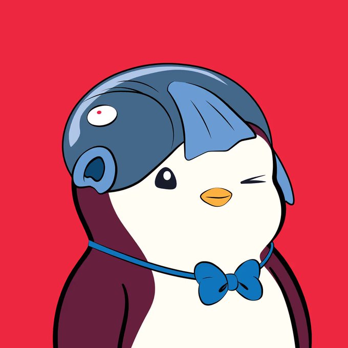 A cartoon illustration of a penguin wearing a blue hat and blue bow tie on a red background.