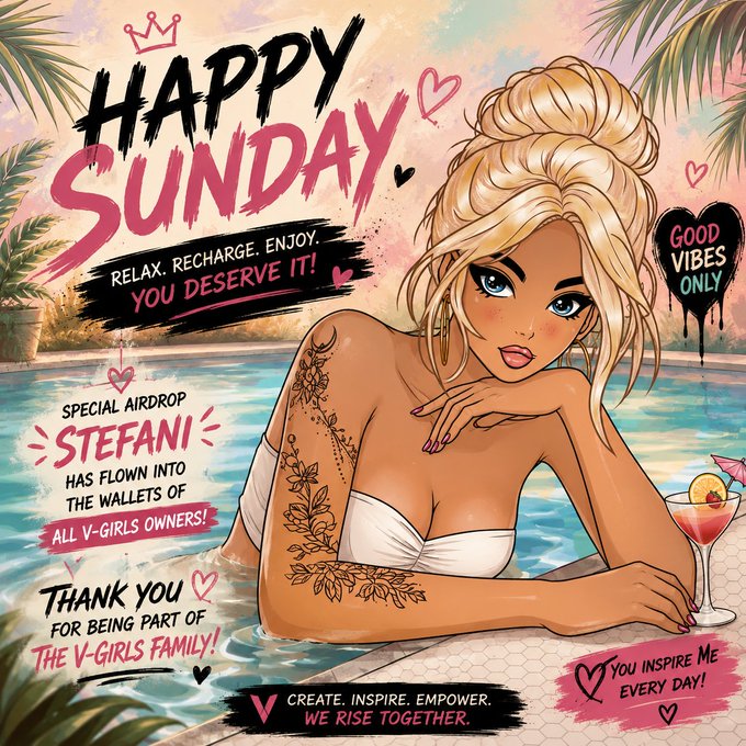 A colorful promotional graphic featuring an illustrated blonde woman by a pool, with text 'HAPPY SUNDAY - RELAX. RECHARGE. ENJOY. YOU DESERVE IT!' and announcing a 'SPECIAL AIRDROP' called 'STEFANI' for all V-GIRLS owners.