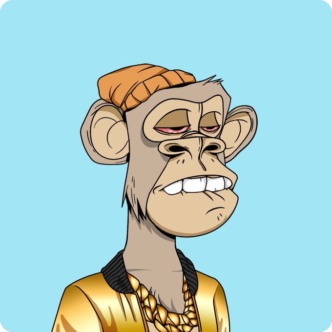 The image features a cartoon monkey wearing a gold outfit, including a gold necklace and a gold jacket. The monkey has a yellow hat with an orange band around its neck and appears to be wearing a gold chain. The monkey's facial expression suggests boredom or disinterest in the current situation. The post reads "it’s art it’s culture it’s a vibe bored ape yacht club", which seems to be a reference to the cartoon character, possibly a character from the movie "The Jungle Book".