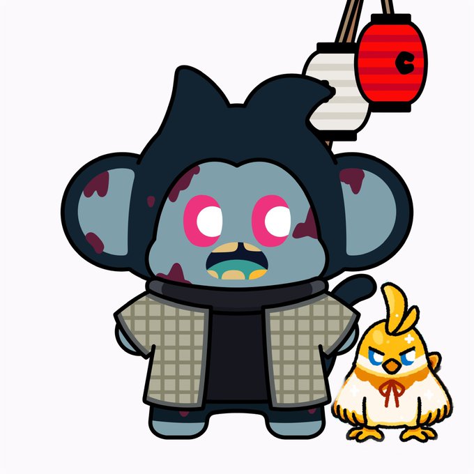 A cartoon illustration of a zombie-like blue creature wearing a samurai outfit standing next to a small yellow chick, with a Japanese paper lantern in the background.