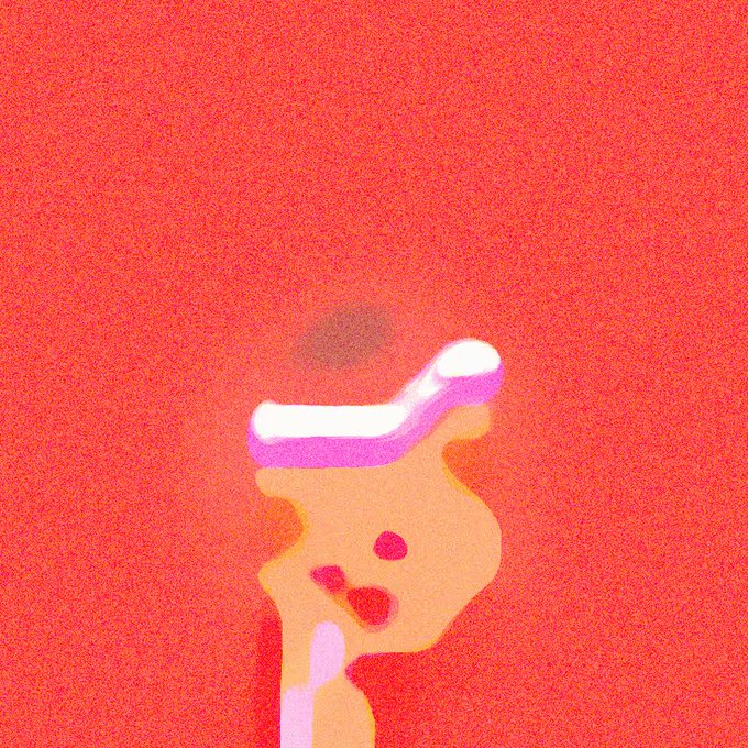 An abstract digital artwork with a heavily textured, grainy red background depicts an amorphous peach and pink organic shape in the lower center.