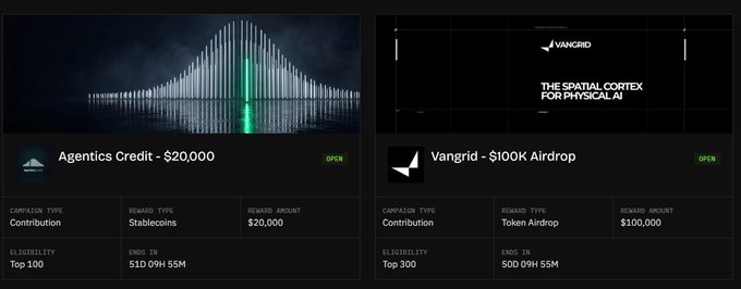 A screenshot showing two cryptocurrency airdrop campaigns: 'Agentics Credit - $20,000' offering Stablecoins (Top 100 eligibility) and 'Vangrid - $100K Airdrop' offering Token Airdrop (Top 300 eligibility).
