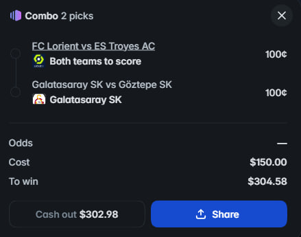 A sports betting app interface displays a 'Combo 2 picks' parlay with 'FC Lorient vs ES Troyes AC' (Both teams to score) and 'Galatasaray SK vs Göztepe SK' (Galatasaray SK), showing a cost of $150.00 and a potential win of $304.58.