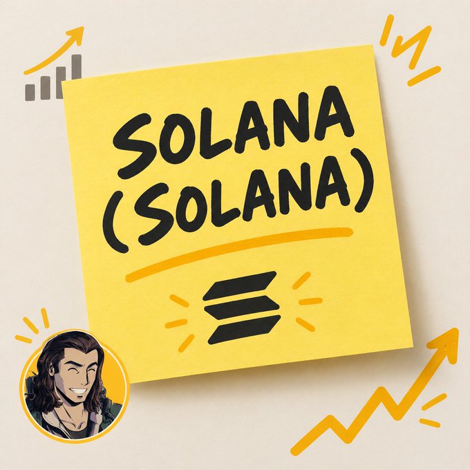 A yellow sticky note graphic featuring handwritten-style text 'SOLANA (SOLANA)' with the Solana logo beneath, accented by yellow arrows and a small character illustration in the corner.