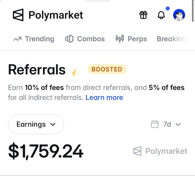 A screenshot of the Polymarket Referrals page showing earnings of $1,759.24 with a "Boosted" badge and text about earning 10% of fees from direct referrals and 5% from indirect referrals.