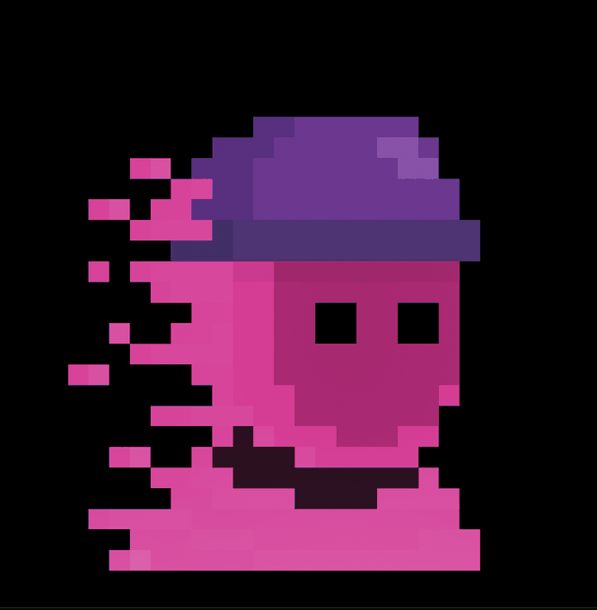 A pixel art ghost-like figure rendered in pink and purple tones wears a dark purple fedora, with two black square eyes and a disintegrating left side that trails into pixelated particles. The stylized NFT-style PFP appears to be the new profile picture the user is excited to adopt, replacing their previous avatar with this ghostly character design.