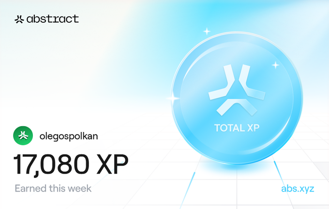 An Abstract platform dashboard for user 'olegospolkan' displaying a 'TOTAL XP' badge and '17,080 XP Earned this week' against a light blue background with the Abstract logo.