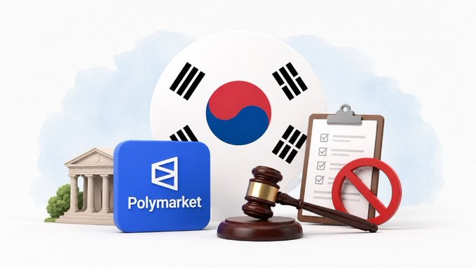 The image shows a South Korean flag alongside the Polymarket logo, a gavel, a clipboard with checkboxes, and a prohibition symbol, visually representing South Korea's legal restriction on the prediction platform. The graphic illustrates the post's message that South Korean authorities have blocked access to Polymarket due to it being deemed illegal gambling under local laws.