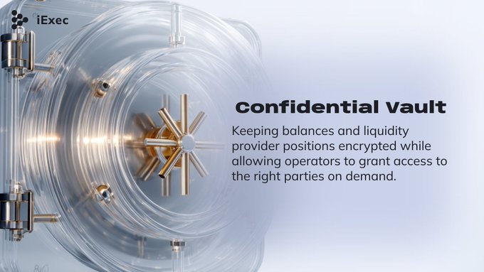 An iExec promotional graphic featuring a bank vault image with the heading 'Confidential Vault' and text explaining it keeps balances and liquidity provider positions encrypted while allowing operators to grant access to the right parties on demand.