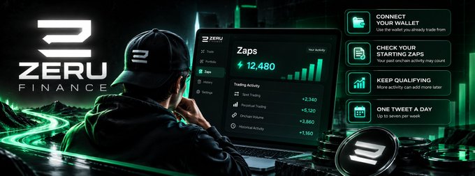 Promotional graphic for 'Zeru Finance' cryptocurrency project showing a man at a laptop displaying 12,480 Zaps, with features like wallet connection, starting Zaps, qualifying, and weekly tweets.