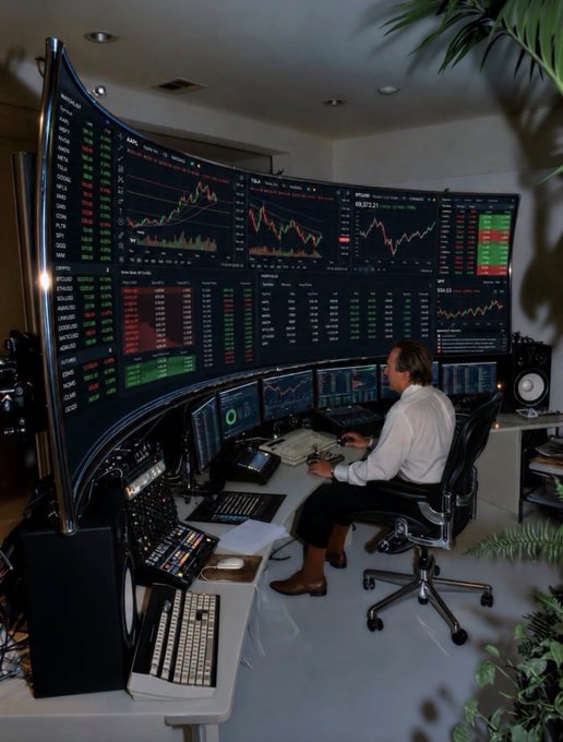 A trader sits in a chair surrounded by a massive curved monitor displaying multiple live stock charts with tickers like TSLA, AMD, and AAPL, along with trading platforms showing real-time price data. The image humorously exaggerates a simple $150 portfolio setup into a Wall Street-style command center, poking fun at the disproportionate scale of the trading workspace relative to the modest investment.