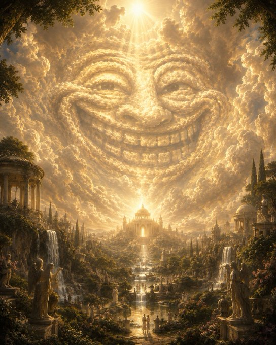 A fantasy landscape featuring a giant smiling face formed by clouds in the sky above a classical temple, waterfalls, and statues bathed in golden sunlight.