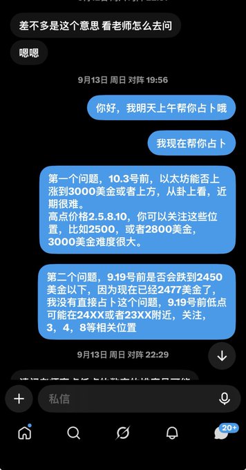 The image shows a Chinese-language messaging app conversation where someone asks a fortune-teller about Ethereum's price predictions, specifically whether it will rise above $3,000 by October 3rd and drop below $2,450 by September 16th. The fortune-teller provides specific price levels and Gann analysis positions (such as 25.8, 10, 2500, 2800, 24XX, 23XX, and 3, 4, 8) for the predictions, which the accompanying post claims proved accurate based on Ethereum's actual subsequent price movements.