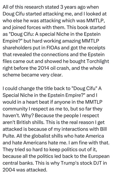 A text excerpt discussing research about Doug Cifu, MMTLP, Epstein files, and connections to Bill Pulte and DJT stock.