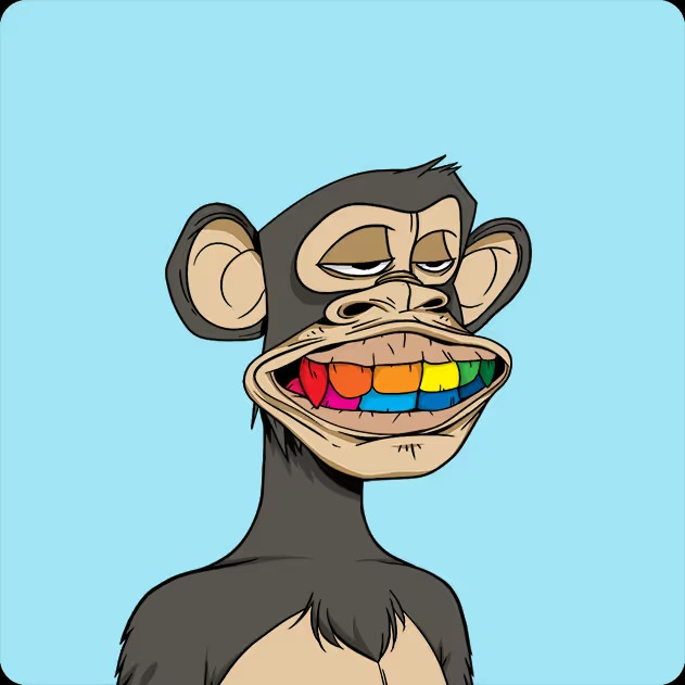A cartoon illustration of a bored-looking monkey with rainbow-colored teeth set against a light blue background, characteristic of NFT art style.