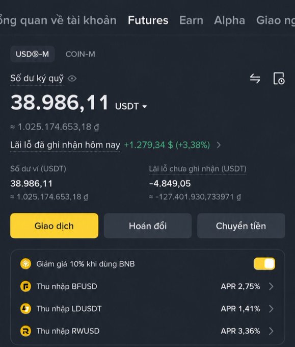 A screenshot of a cryptocurrency futures account page in Vietnamese, showing a balance of 38,986.11 USDT with +1,279.34 $ (+3.38%) daily profit, and options for 'Giao dịch', 'Hoán đổi', and 'Chuyển tiền'.