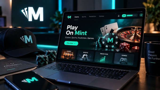 A promotional image for Mint, an online gambling platform offering Casino, Sports, Prediction, and Games, displayed on a laptop with branded merchandise including a cap, poker chips, and mug.