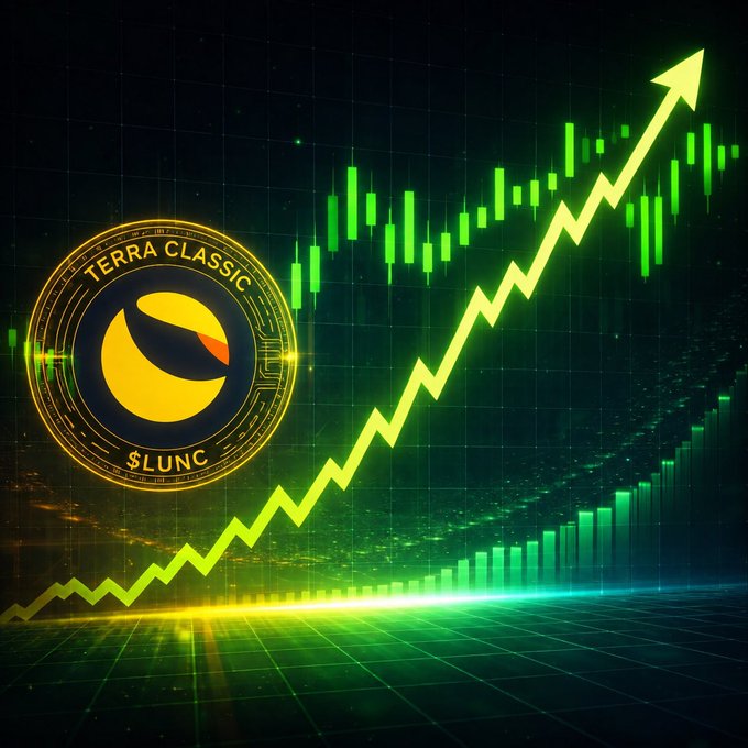 A glowing green candlestick chart surges upward with a bold arrow, accompanied by a gold Terra Classic ($LUNC) coin emblem, visually reinforcing the optimistic "$LUNC to $1" price prediction.