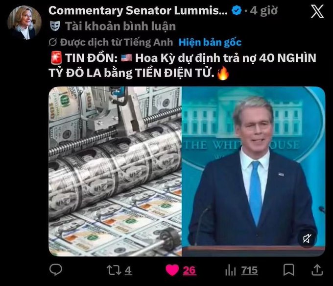 A Vietnamese-language X post from Senator Lummis claims the U.S. plans to repay a $40 trillion national debt with electronic money, featuring an image of a White House spokesperson.