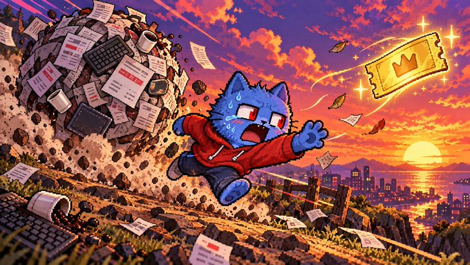 A panicked blue cat character flees from a massive snowball of trash and paper, desperately chasing a glowing golden ticket with a crown symbol against a fiery sunset over a coastal cityscape.

The image humorously illustrates the rush and pressure of minting "Zecats" on-chain, with the cat overwhelmed by the chaos of transactions (the swirling papers) while chasing the prized confirmation ticket — a playful metaphor for the 1,023 confirmed mints amid the ongoing block confirmations.