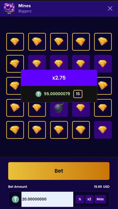 A mobile screenshot of the 'Mines' game by Biggerz showing a 5x5 grid of pizza slices with one bomb, offering a 2.75x multiplier and a 55.00000079 USDT payout. A bet of 19.99 USD with 20.00000000 USDT input is shown.