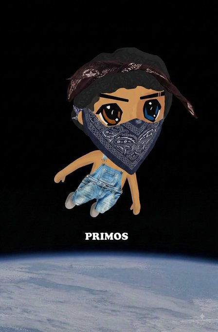 A digital chibi-style character with large eyes wearing a black paisley face covering/bandana and denim shorts, floating above Earth with the text 'PRIMOS' below.