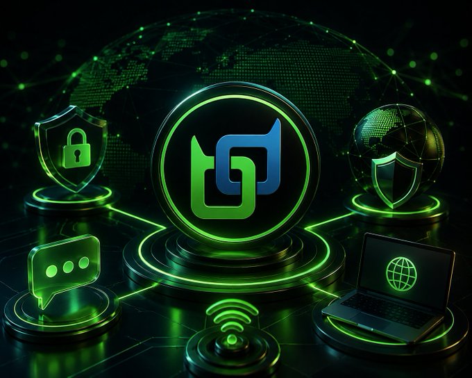 A digital graphic showing a glowing green and blue logo surrounded by security-related icons including a padlock shield, globe shield, speech bubble, Wi-Fi symbol, and laptop, set against a green networked world map background.