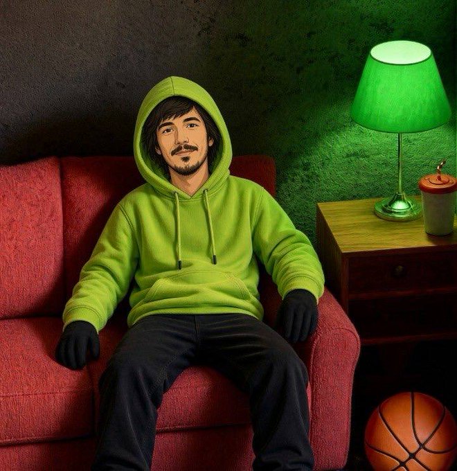 A digital illustration of a man in a green hoodie and black gloves lounging on a red couch next to a green lamp and a basketball.