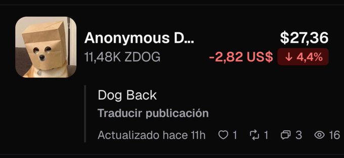 Trading interface showing 'Anonymous D...' holding 11.48K ZDOG tokens at $27.36, down 4.4%, with options to translate the publication, updated 11 hours ago.