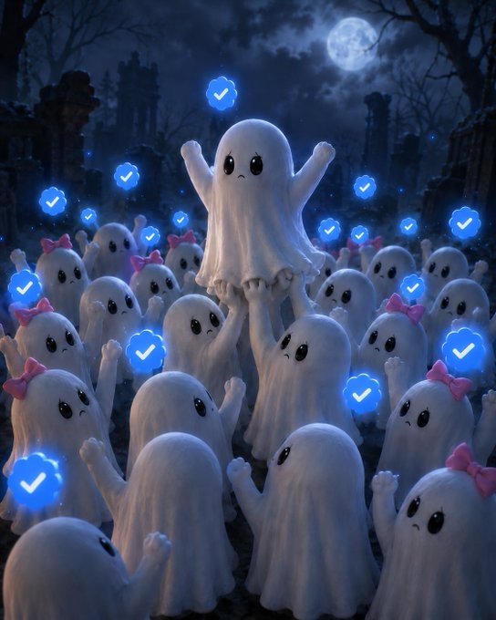 An illustration of a crowd of cute white ghost characters with sad faces, surrounded by blue verification checkmark icons against a dark, moonlit background.