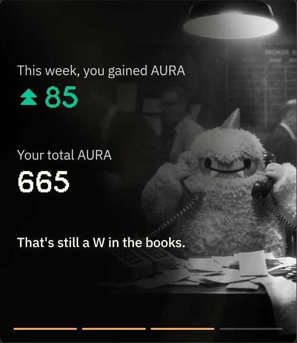 The image displays a fuzzy white monster character holding a phone, with text showing "This week, you gained AURA ▲85" and "Your total AURA 665," followed by "That's still a W in the books." It matches the post celebrating a weekly AURA gain of 85, bringing the user's total to 665.