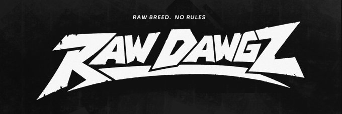 A stylized black-and-white logo reads "RAW DAWGZ" in bold, aggressive brushstroke lettering, with the tagline "RAW BREED. NO RULES" displayed above it, matching the rebellious tone of the post announcing the upcoming RawDawgz NFT alpha drop on Ethereum.