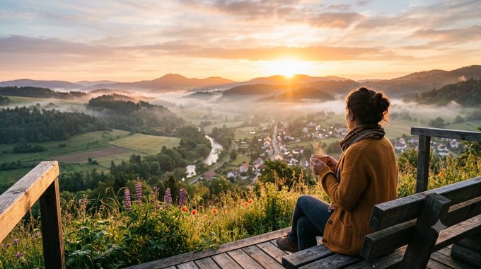 A woman in a brown sweater sits on a wooden bench overlooking a misty valley and village at sunrise or sunset.