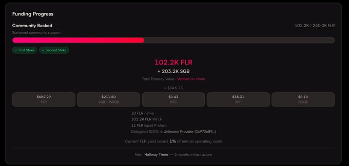 Dashboard showing 'Funding Progress' with a 'Community Backed' progress bar at 102.2K / 250.0K FLR, displaying 102.2K FLR + 203.2K SGB valued at $946.73.