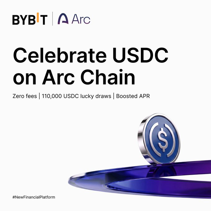 A Bybit and Arc co-branded promotional banner featuring a large 3D USDC coin balanced on a blue ring, with the headline "Celebrate USDC on Arc Chain" highlighting zero fees, 110,000 USDC lucky draws, and boosted APR—visually reinforcing the announcement of USDC deposit and withdrawal support on Arc Chain with exclusive rewards.