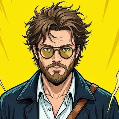 A comic book style illustration of a man with messy brown hair, a beard, and round tinted glasses, wearing a dark jacket against a yellow background.