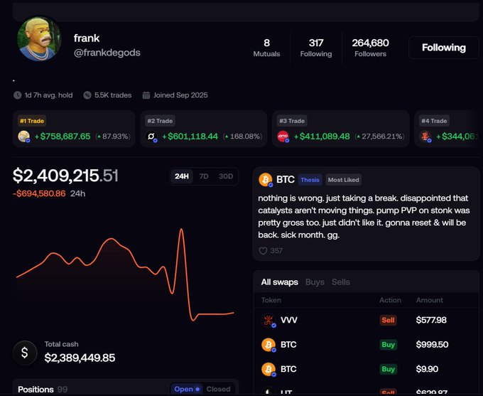 A cryptocurrency trading profile for user "frank @frankdegods" showing a portfolio value of $2,409,215.51, trading trades like VVV and BTC, and a post stating "nothing is wrong."