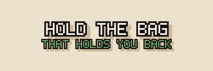Pixel-style text reads "HOLD THE BAG THAT HOLDS YOU BACK" in black and green, tying into the giveaway for @bagholders_rh by encouraging letting go of emotional baggage.
