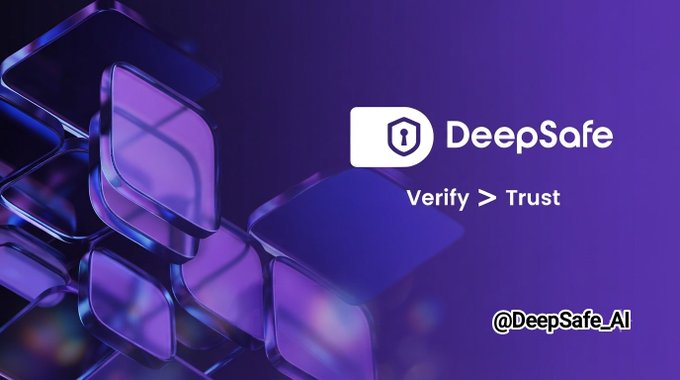 The image shows a promotional graphic for DeepSafe, featuring their logo (a shield icon), the tagline "Verify > Trust," and the handle "@DeepSafe_AI," set against a backdrop of purple 3D cubes. This visual reinforces the post's message about DeepSafe's role as a verification layer for cross-chain communication, emphasizing security over blind trust in inter-blockchain messaging.