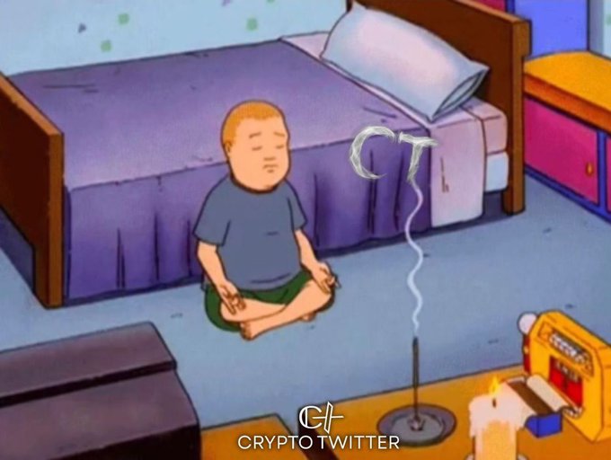 An animated scene from King of the Hill shows Bobby meditating on the floor of his room, overlaid with a 'CRYPTO TWITTER' watermark.